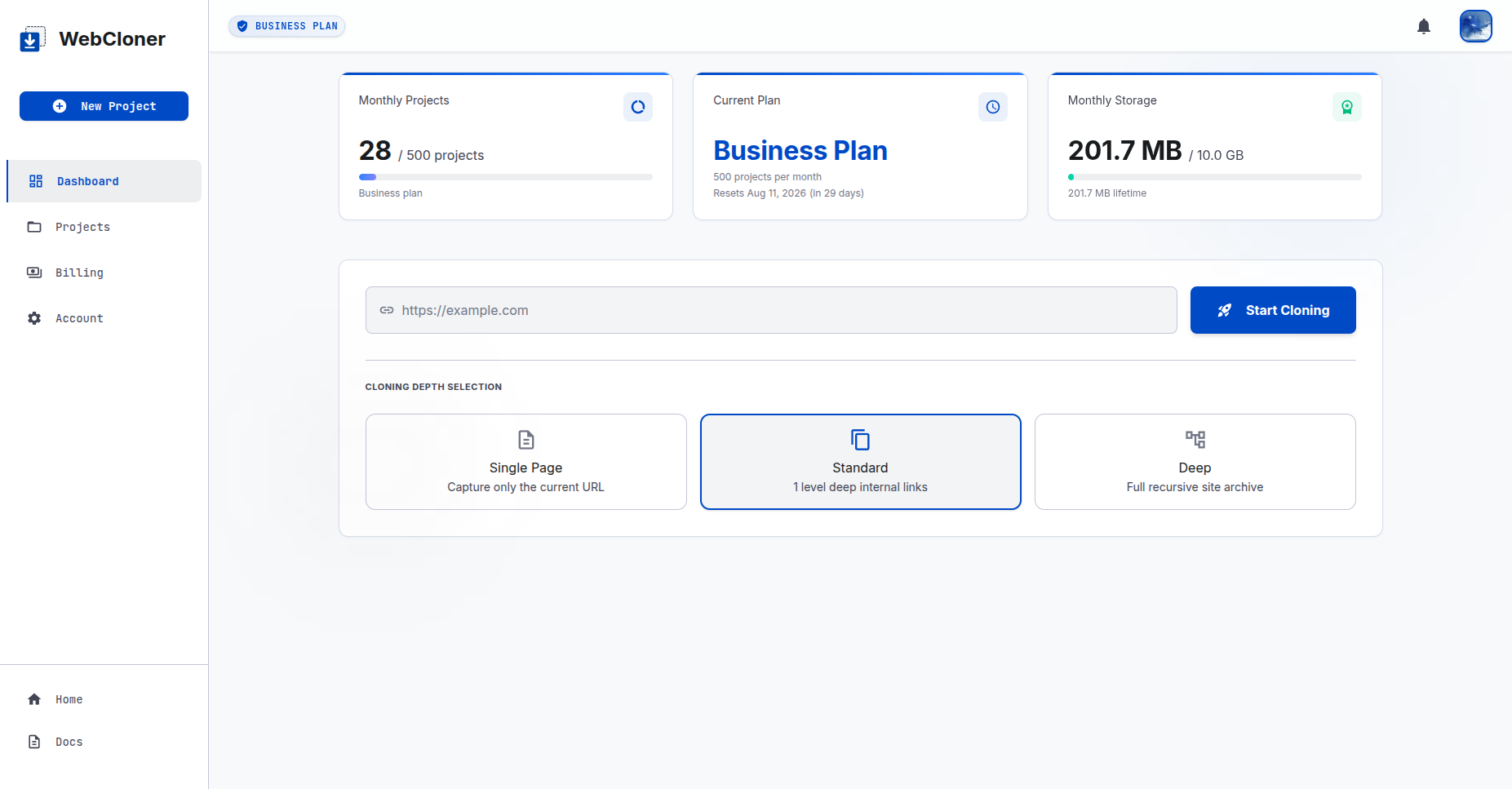 WebCloner Dashboard